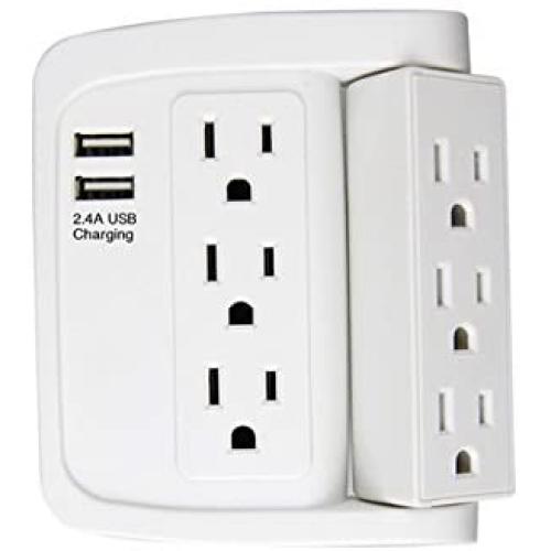 ECOPlugs 6 Outlet Swivel Wall Adapter, Swivel Outlet with USB Ports, Swivel Wall Tap Adapter White