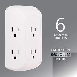 GE Pro 6 Outlet Surge Protector Adapter Spaced Tap, 3-Prong Power Strip, Charging Station, Side Access, White, 43648