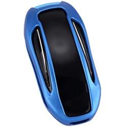 Royalfox(TM) Luxury Aluminum 3 Buttons Smart Remote Key Case Fob Cover for Tesla Model X,with Leather Key Strap (Blue)