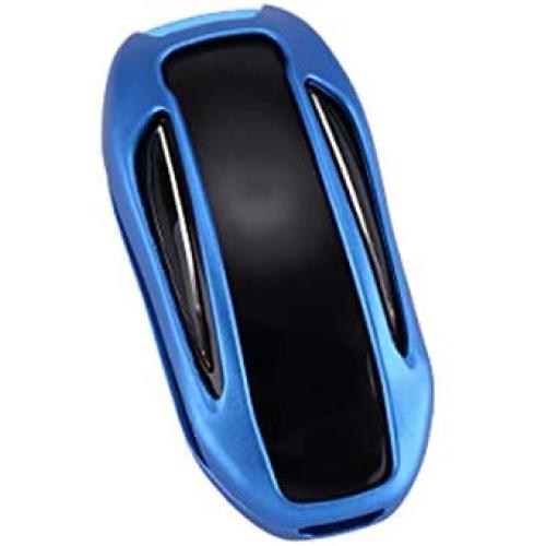 Royalfox(TM) Luxury Aluminum 3 Buttons Smart Remote Key Case Fob Cover for Tesla Model X,with Leather Key Strap (Blue)