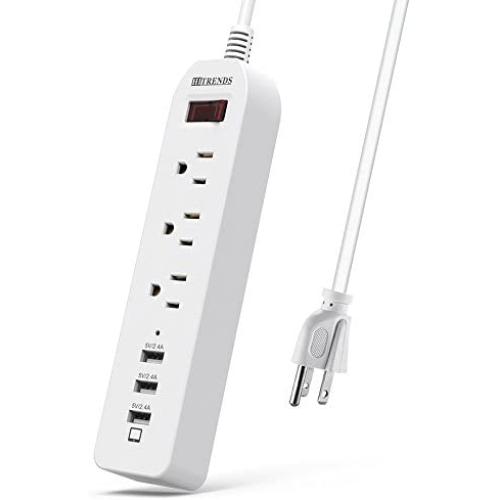 Power Strip Surge Protector 3 AC Outlets with 3 USB Ports (5V/2.4Ax3), HITRENDS Outlet Strip with USB Charger, Extension Board with 5ft Extension Cord for Indoor, White