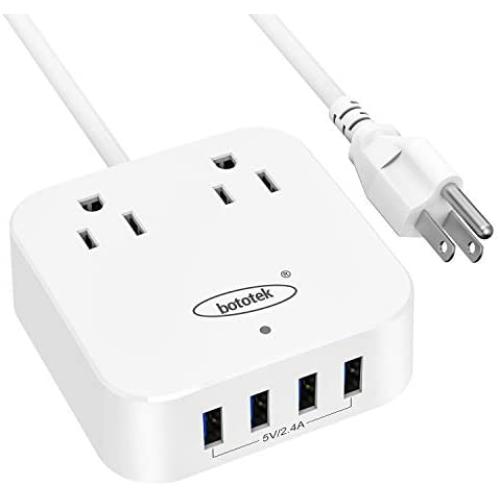 Power Strip with USB, Bototek Desktop Charging Station 2 Widely Spaced Outlets with 4 USB Ports(5V/7A, 35W) 4 ft Extension Cord for Ship Travel Multi Plug Extender