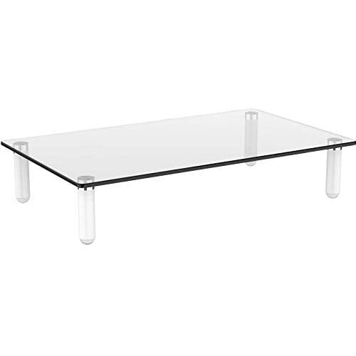 Clear Tempered Glass Computer Monitor Stand Riser for Laptop, Computer, iMac, and All Flat Screen Display, PUTORSEN Desktop Stand with Anti-Slip Pads Holds 44lbs, Storage Shelf & Screen Holder