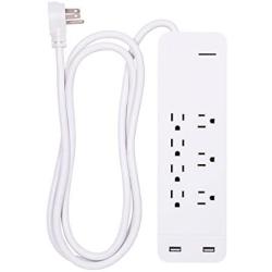GE, White, Strip Surge Protector Charger, 7 Outlets, 2 USB Ports, Fast Charge, Flat Plug, Long Power Cord, 6 Feet, Wall Mount, Warranty, 36363, 6 Ft