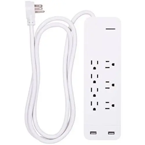 GE, White, Strip Surge Protector Charger, 7 Outlets, 2 USB Ports, Fast Charge, Flat Plug, Long Power Cord, 6 Feet, Wall Mount, Warranty, 36363, 6 Ft