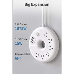 Power Strip with USB, NTONPOWER Flat Plug Power Strip, 6 Outlets & 3 USB Ports, 6 ft Extension Cord, Wall Mount, Desktop Charging Station for Home, Dorm Room, Office and Nightstand-White