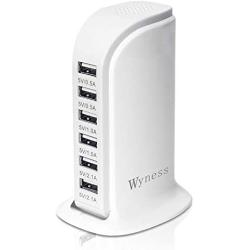 USB Tower Power Adapter 6-Port Smart IC Tech Charging Station with Quick Charge 2.1 for Phone, Tablets, and More (White)