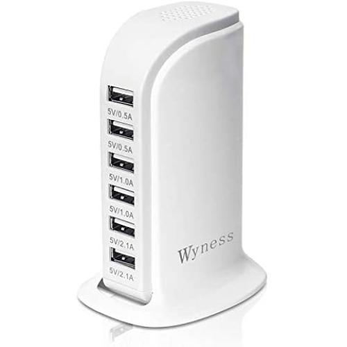 USB Tower Power Adapter 6-Port Smart IC Tech Charging Station with Quick Charge 2.1 for Phone, Tablets, and More (White)