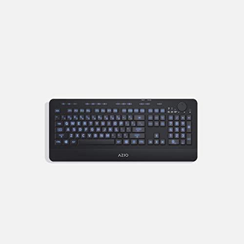 Azio Wireless Keyboard with Large Print Keys, Blue Color Backlight, 2.4gHz USB-RF Rechargeable and Multimedia Productivity Hotkeys (Vision Series KB510W)