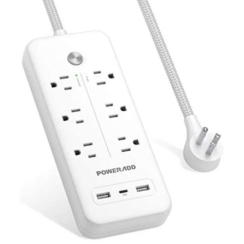 USB C Power Strip Surge Protector, POWERADD 30W USB C Power Delivery, 2 USB A & 6 AC Outlets, 5ft Braided Extension Cord, Flat Plug for MacBook Pro, iPad Pro, iPhone and Galaxy