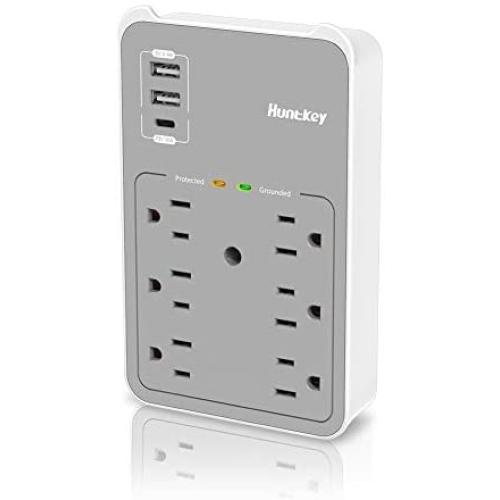 Huntkey USB-C Surge Protector, 6 AC Outlets Wall Tap Multi Plug Outlet Extender with 3 USB Charging Ports,SMD607C