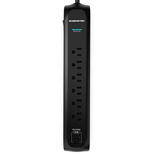 Monster Power Strip Surge Protector with USB Ports - Heavy Duty Protection for 6 Plug-ins and 2 USB Gadgets - Ideal for Computers, Home Theatre, Home Appliance and Office Equipment