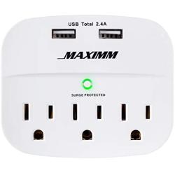 Maximm Compact Portable Travel Power Strip, USB Surge Protector, 490 Joules, 3 AC Outlets + 2 USB Charging Ports, 5V/2.4A Total, 15A 1875W Max - ETL Listed