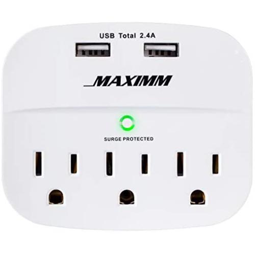 Maximm Compact Portable Travel Power Strip, USB Surge Protector, 490 Joules, 3 AC Outlets + 2 USB Charging Ports, 5V/2.4A Total, 15A 1875W Max - ETL Listed