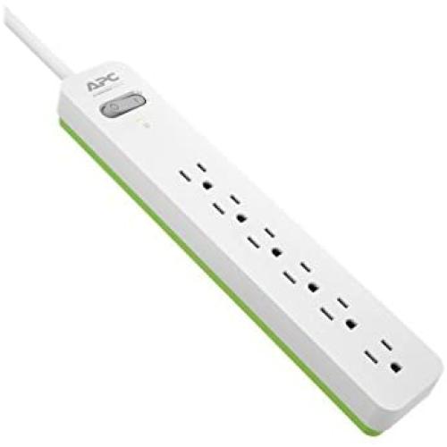 Surge Protector Power Strip, APC PE66W, 1080 Joule, Flat Plug, 6 Outlet Power Cord Strip White/Green