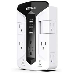 BESTEK 7-Outlet Wall Tap Surge Protector Power Strip with Swivel Outlets, 3 USB Charging Ports, 900 Joule Surge Suppression, Top Phone Holder