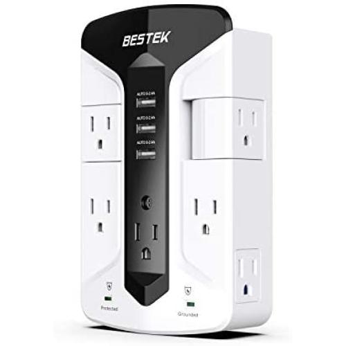 BESTEK 7-Outlet Wall Tap Surge Protector Power Strip with Swivel Outlets, 3 USB Charging Ports, 900 Joule Surge Suppression, Top Phone Holder