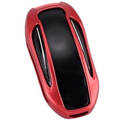 Royalfox(TM) Luxury Aluminum 3 Buttons Smart Remote Key Case Fob Cover for Tesla Model X,with Leather Key Strap (red)
