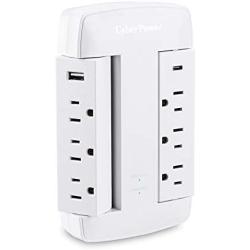 CyberPower CSP600WSURC5 Professional Surge Protector, 900J/125V, 6 Swivel Outlets, 1 USB-C Charge Port, 1 USB-A Charge Port, White Wall Tap, White Version