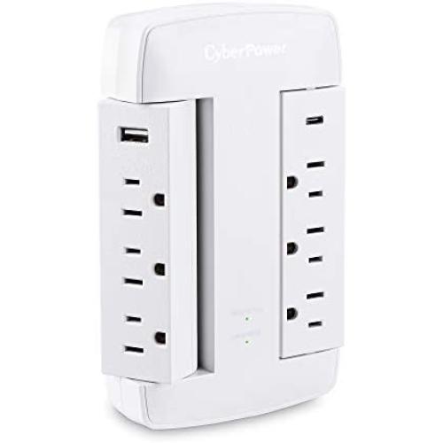 CyberPower CSP600WSURC5 Professional Surge Protector, 900J/125V, 6 Swivel Outlets, 1 USB-C Charge Port, 1 USB-A Charge Port, White Wall Tap, White Version