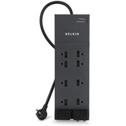 Belkin 8-Outlet Home And Office Surge Protector, Telephone Line And Flat AC Plug, 12ft Cord , Black
