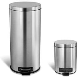 NINESTARS CB-SOT-30-1/5-1 Step-on Trash Can Combo Set, 8 Gal 30L & 1.2 Gal 5L, Stainless Steel Base (Round, Stainless Steel Lid)