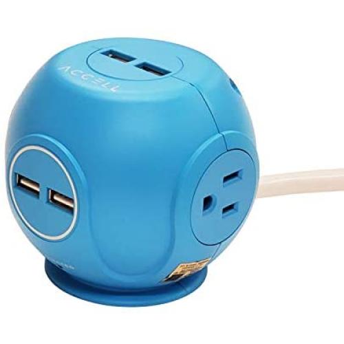 Accell Power Cutie - Compact Surge Protector with 3 Tamper Resistant 540J Surge Protected AC outlets and 4 USB-A Charging Ports, 6ft Cord, Blue