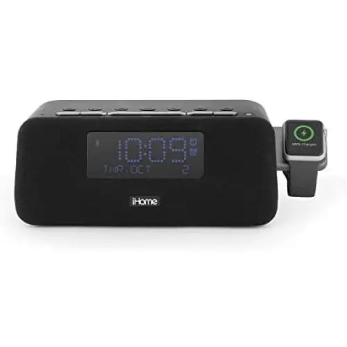 iHome Wireless Bluetooth Alarm Clock, FM Radio,Compatible with Apple Watch Charger, Dual USB Charging Ports and Speakerphone, Stereo Speaker, Charging Dock, Dual Alarm, Bedside, IWBT5