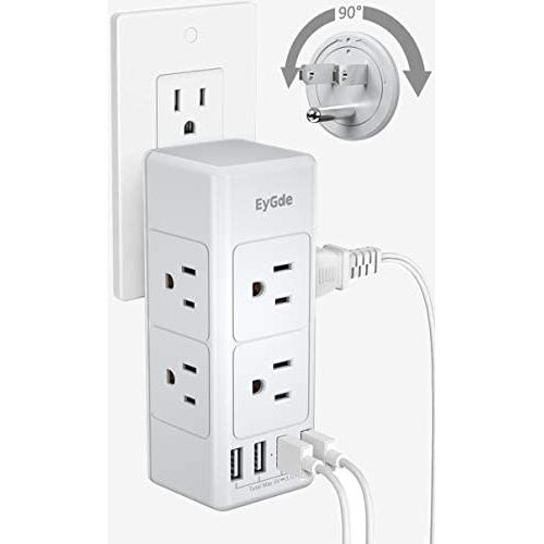 EyGde Power Strip Wall Outlet Extender with 6 Outlets(3 Sided) and 4 USB Ports, Outlet Splitter with Rotating Plug, Multi Plug Outlet for Travel, Home, Dorm, Office, 1700 Joules, White
