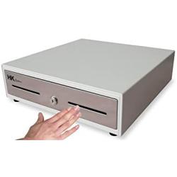 HK SYSTEMS 13'' Heavy Duty Compact White Manual Push Open Cash Drawer with 4 Bill /5 Coin Till Stainless Steel Front 