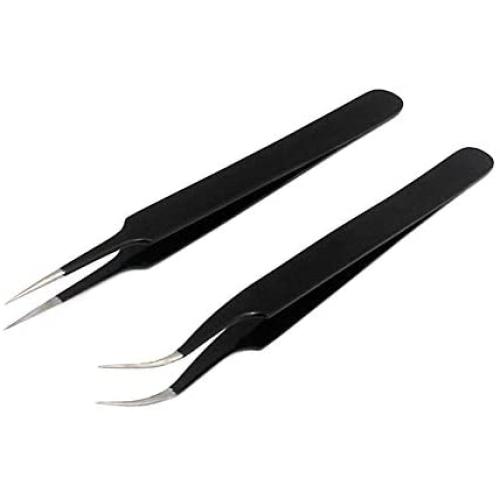 DDP Anti-Static ESD Tweezers - Professional Stainless Steel Tweezers Set for Beauty, Jewelry-Making, Laboratory Work, Electronics, Hobbies (2PCS, Black)