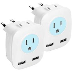 European Travel Plug Adapter International USB Charger with 2 USB Ports,2 AC Outlet for USA to Most of Europe Coutries France Spain Italy Turkey Iceland (Type C) 2-Pack