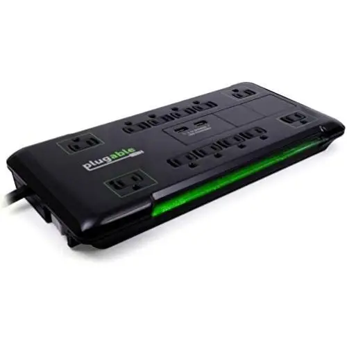 Plugable Surge Protector Power Strip with USB and 12 AC Outlets, Built-in 10.5W 2-Port USB Charger for Android, Apple iOS, and Windows Mobile Devices, 6 Foot Extension Cord
