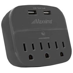 Maxxima 3 Outlet Dual USB Grounded Adaptor Plug 2.4A Port 490 Joules Surge Protector, Gray