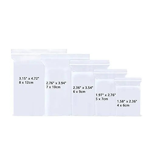 Small Ziplock Poly Bags 5 Sizes 500pcs Assorted Resealable Plastic Zipper Bags for Jewelry Beads Candy 2 Mil Clear (5 Size 500 Pack)