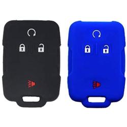 LemSa 2pcs Silicone 4 Buttons Smart Key Fob Cover Remote Keyless Entry Bag Compatible with Chevrolet Silverado Colorado 2017 2018 M3N32337100 13577770 13577771 GMC Sierra Yukon Cadillac, Black+Blue