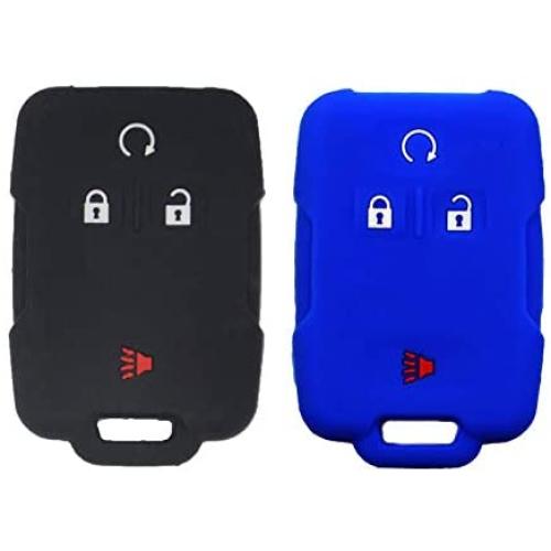 LemSa 2pcs Silicone 4 Buttons Smart Key Fob Cover Remote Keyless Entry Bag Compatible with Chevrolet Silverado Colorado 2017 2018 M3N32337100 13577770 13577771 GMC Sierra Yukon Cadillac, Black+Blue