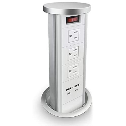 QBA Automatic Pop Up Socket, Pop Up Power Outlet, Pulling Pop Up Power Outlet with 3AC Outlets & 2 USB Ports, Hidden Recessed Pop-Up Power Socket or Household Kitchen Counter Office Conference(White)