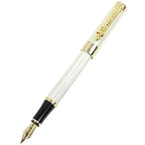Gullor Golden Dragon Red Crystal Eyes Fountain Pen with Push in Style Ink Converter - Silver