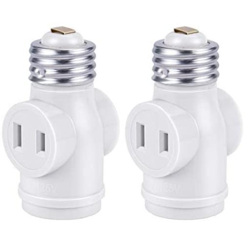 DiCUNO UL Listed E26 to 2 Polarized Outlet Socket Adapter, Standard (Medium) E26 Base Light Bulb to 2-Prong Outlet Plug Splitter Converter, White, 2-Pack