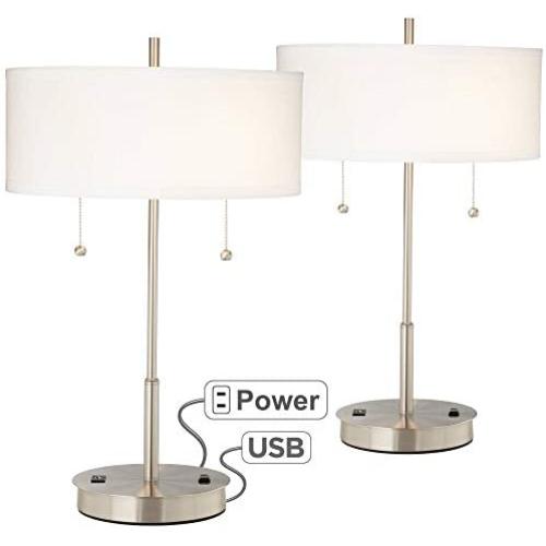 Nikola Modern Accent Table Lamps Set of 2 with Hotel Style USB and AC Power Outlet Slim Silver White Drum Shade for Living Room Bedroom House Bedside Nightstand Home Office - 360 Lighting