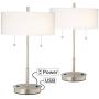 Nikola Modern Accent Table Lamps Set of 2 with Hotel Style USB and AC Power Outlet Slim Silver White Drum Shade for Living Room Bedroom House Bedside Nightstand Home Office - 360 Lighting