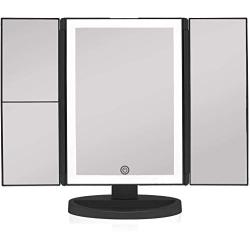 Beautyworks Backlit Makeup Vanity Mirror 36 LED Lights Touch-Screen Light Control, Tri-Fold 1/2/3X Magnification, Portable High-Definition Clarity Cosmetic Light Up Magnifying Mirror (Midnight Black)
