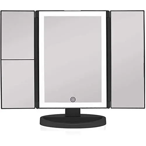 Beautyworks Backlit Makeup Vanity Mirror 36 LED Lights Touch-Screen Light Control, Tri-Fold 1/2/3X Magnification, Portable High-Definition Clarity Cosmetic Light Up Magnifying Mirror (Midnight Black)
