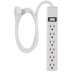 6 Outlet Power Strip, 4 ft Power Cord, Flat Plug, Wall Mount, For Bedroom, Dorm, or Home Décor, Power Switch, Integrated Circuit Breaker, UL Listed, Gray & White Chevron, 26601