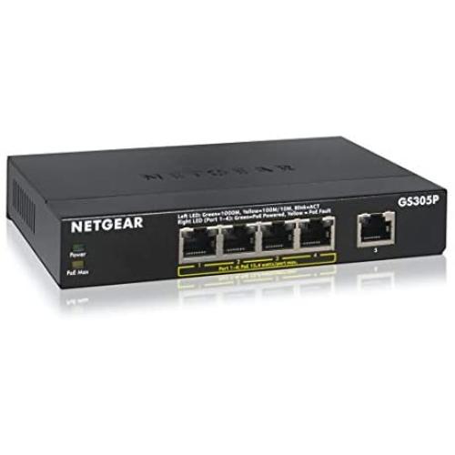 NETGEAR 5-Port Gigabit Ethernet Unmanaged PoE Switch (GS305P) - with 4 x PoE @ 55W, Desktop, Sturdy Metal Fanless Housing