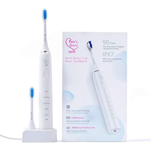 Kates Secret Care Sonic Toothbrush Rechargeable One Charge Minimum 90 Days Use 5 Modes IPX7 Class Completely Waterproof 2 American Dupont Soft Head Brush - White