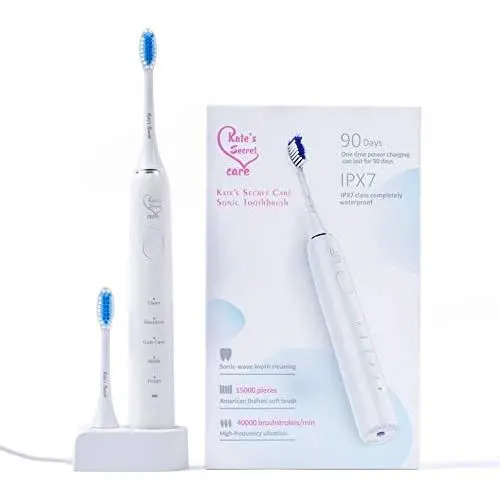 Kates Secret Care Sonic Toothbrush Rechargeable One Charge Minimum 90 Days Use 5 Modes IPX7 Class Completely Waterproof 2 American Dupont Soft Head Brush - White