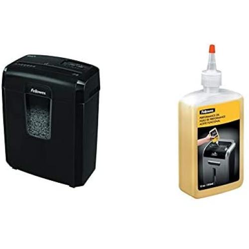 Fellowes Powershred 8MC/8MC5 8-Sheet Micro-Cut Paper Shredder, Black & 35250 Powershred Performance Oil, 12 oz. Bottle w/Extension Nozzle