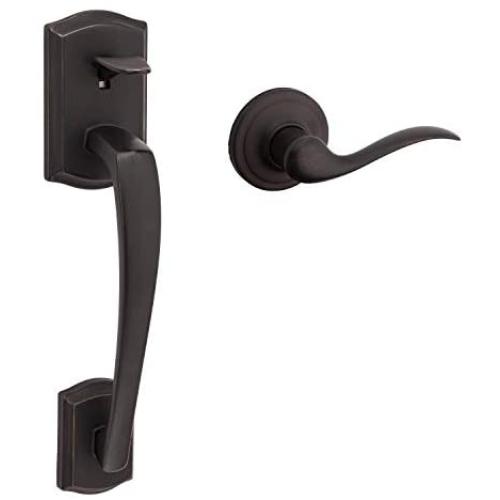 Kwikset 98150-014 Prescott Front Door Handle with Interior Tustin Lever Featuring Microban Antimicrobial Protection, Does Not Include Deadbolt​​​​​​​​​​​​​​, Venetian Bronze